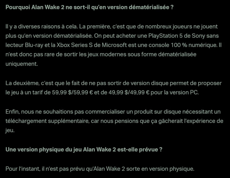 alane wake 2 demat uniquement