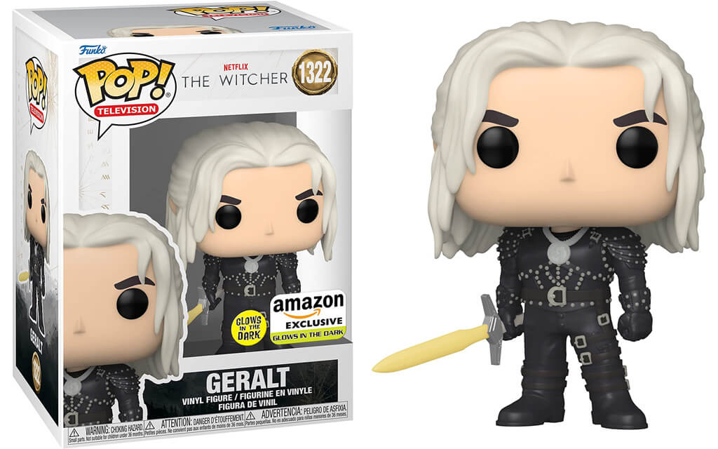 Figurine Funko Pop de Geralt avec son épée brille dans le noir dans la série TV The Witcher