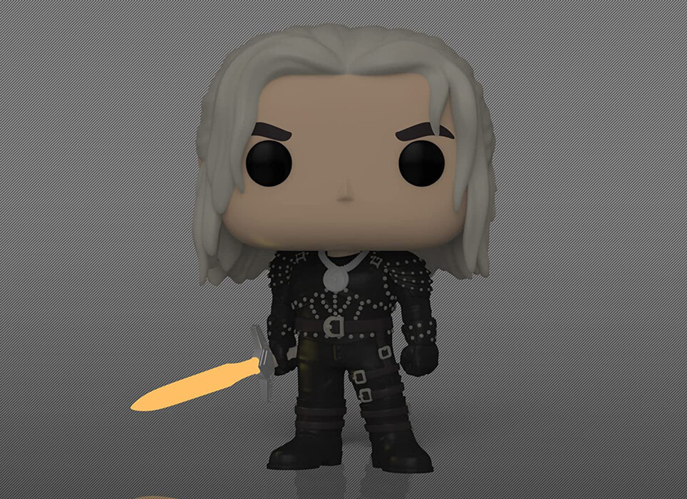 Figurine Funko Pop de Geralt avec son épée brille dans le noir dans la série The Witcher