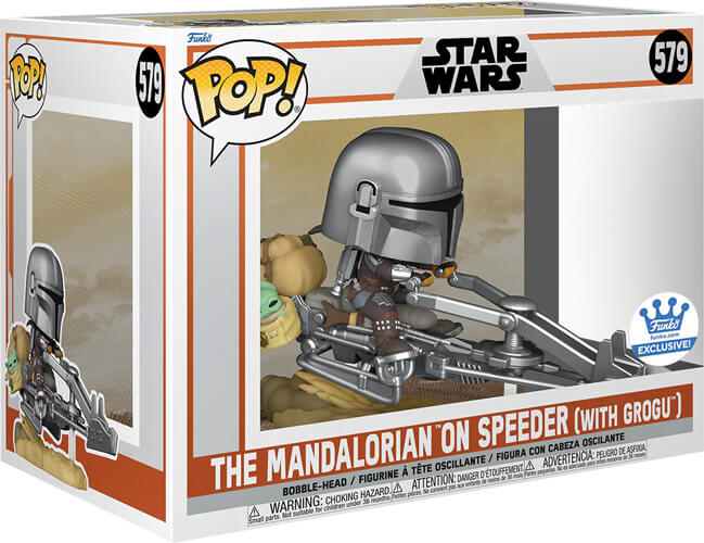 boite Figurine Funko Deluxe du Mandalorian et Grogu sur un speeder